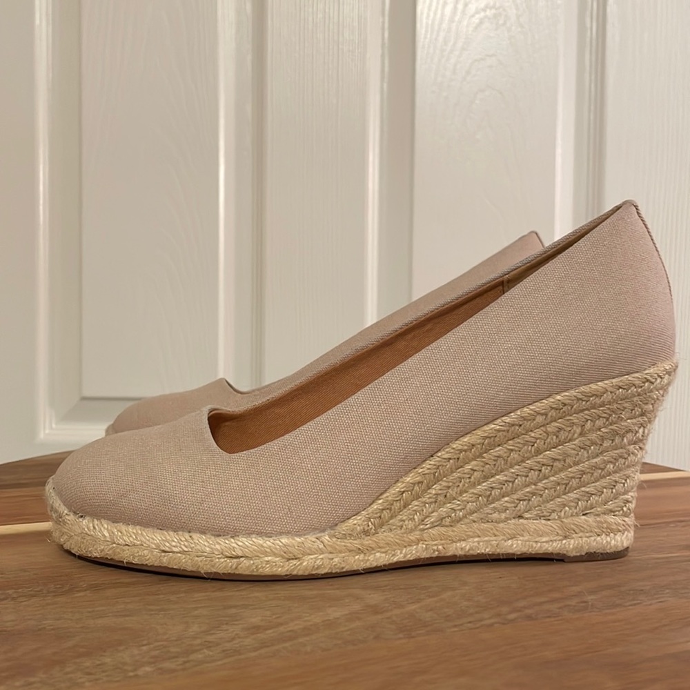 J Crew Wedges Womens 9 Tan Cream Espadrilles Jute Platforms Heavy Canvas Sandals